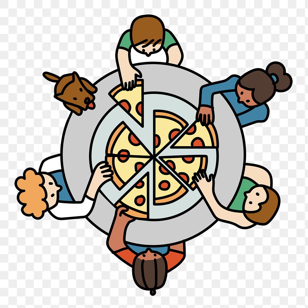 Png family eating pizza doodle, transparent background