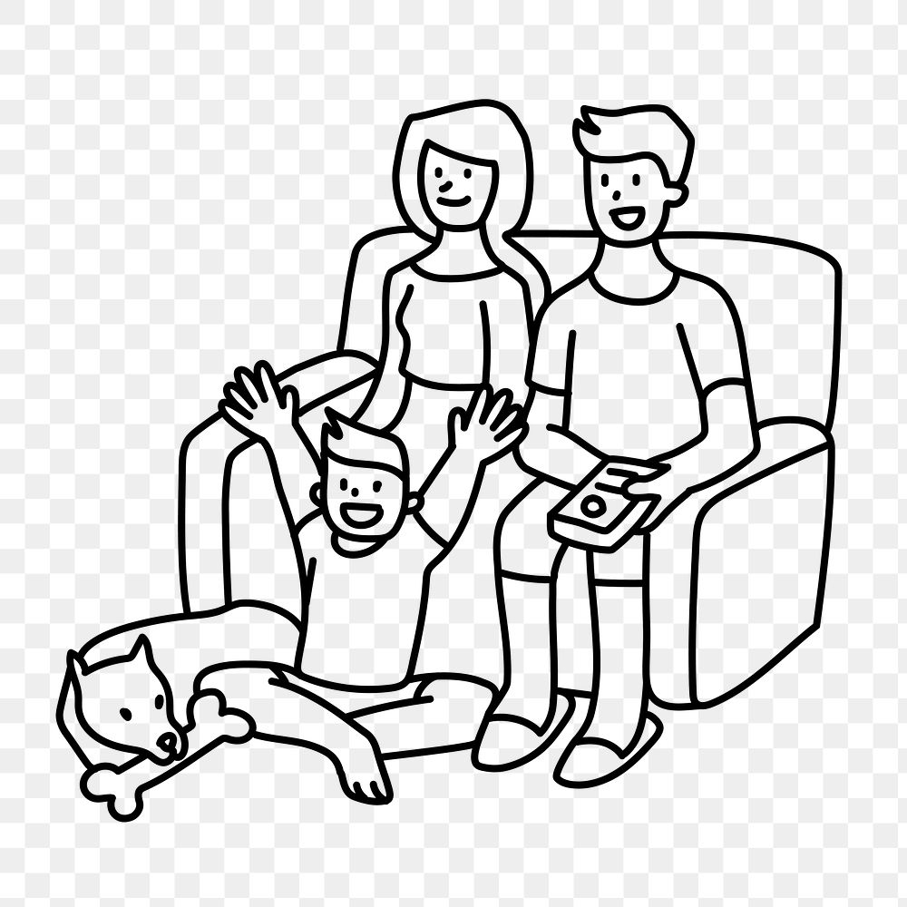 Png family watching TV doodle, transparent background