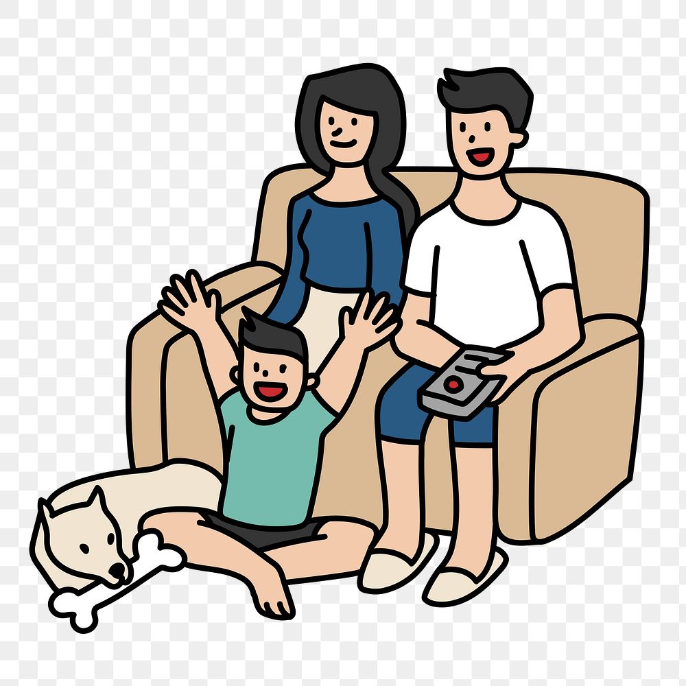 Png family watching TV doodle, transparent background