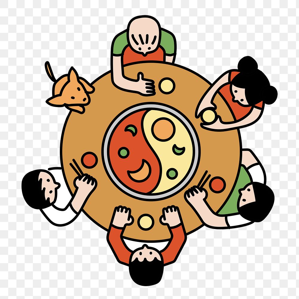 Png Asian family eating hotpot doodle, transparent background