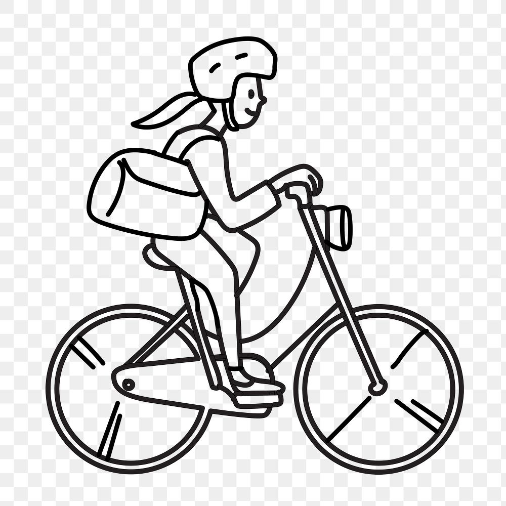 Png woman bicycling to work doodle, transparent background