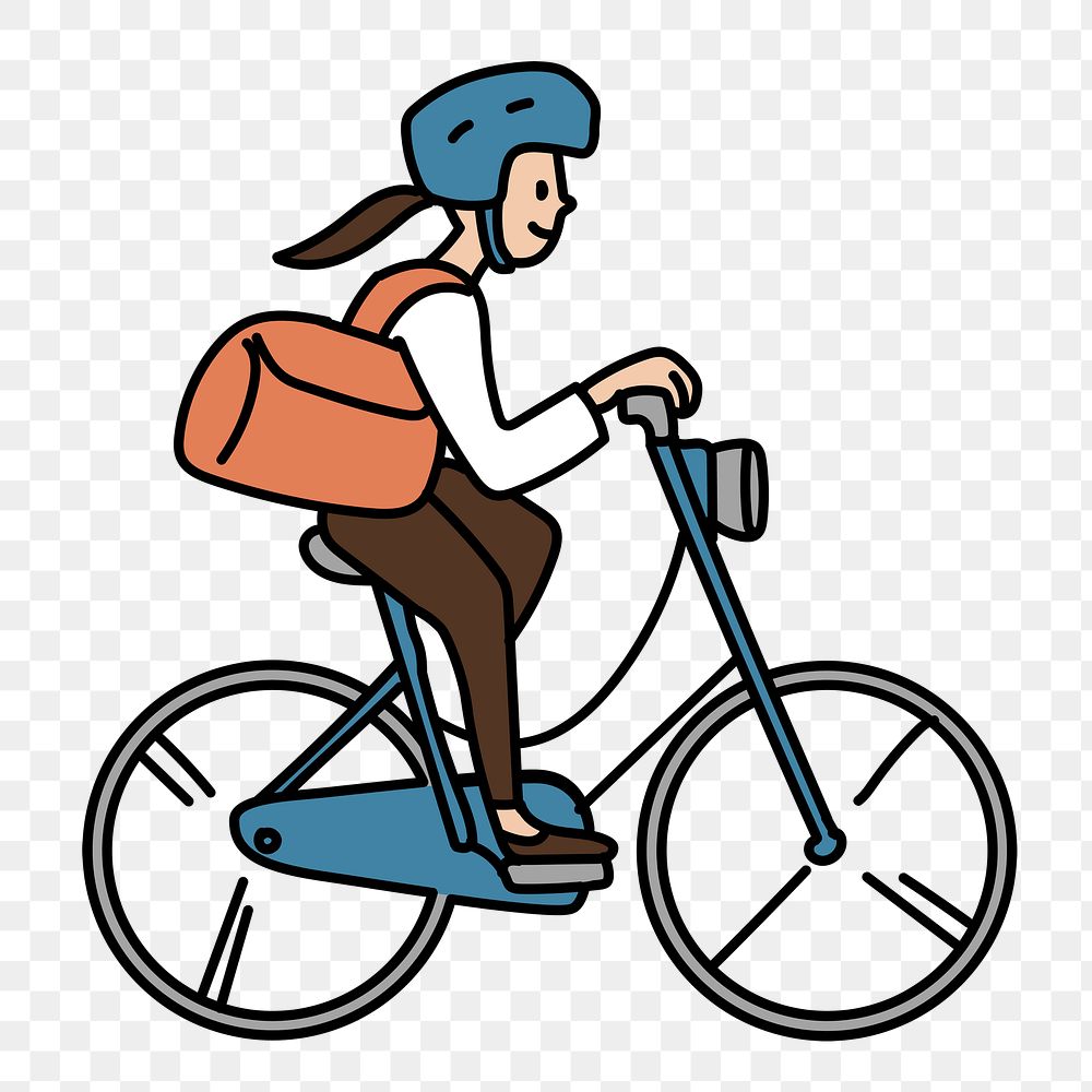 Png woman bicycling to work doodle, transparent background