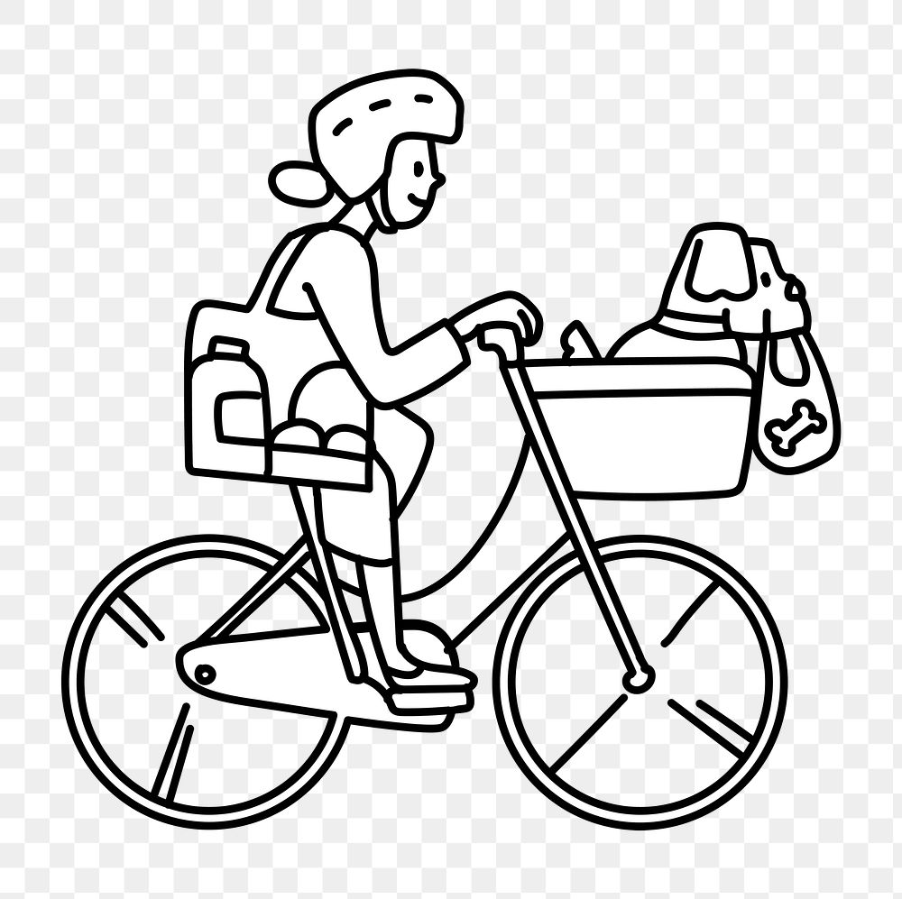 Png woman bicycling to grocery shop doodle, transparent background