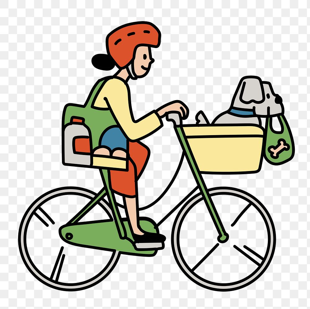 Png woman bicycling to grocery shop doodle, transparent background