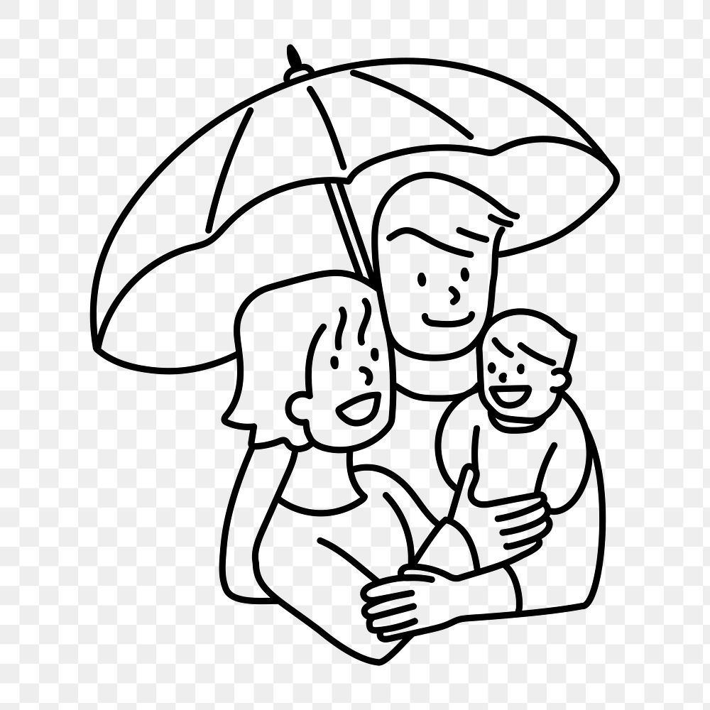 Png family under umbrella doodle, transparent background