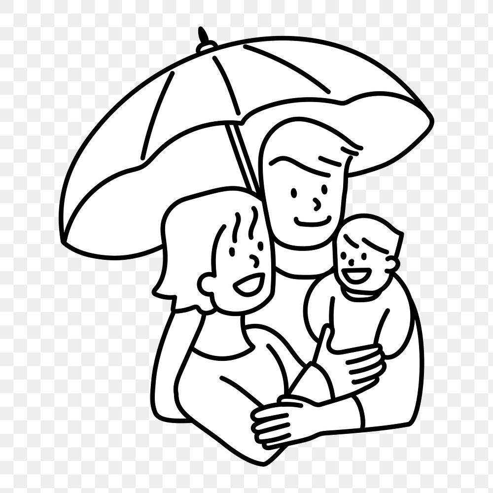 Png family under umbrella doodle, transparent background