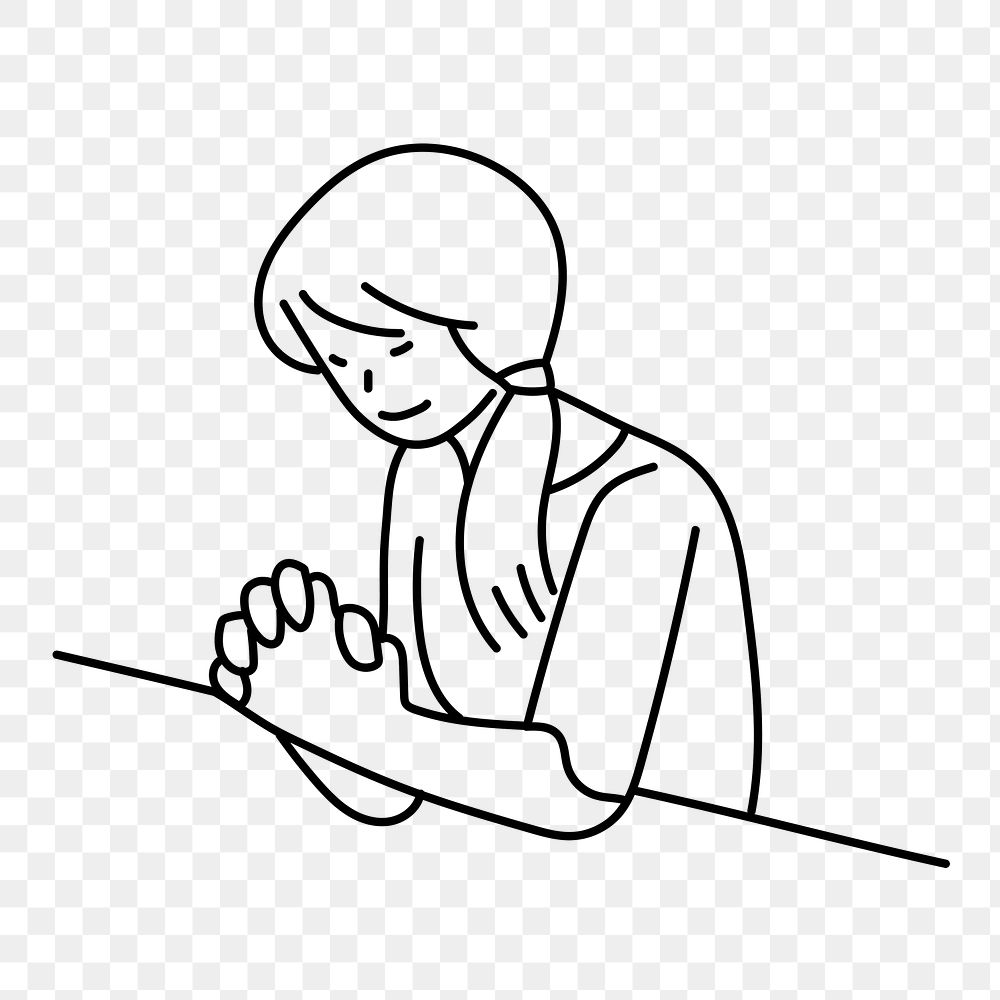 Png young girl praying doodle, transparent background 