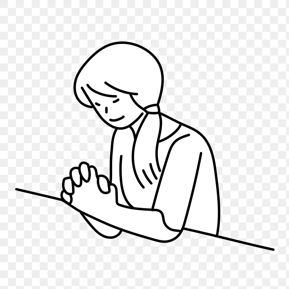 Png young girl praying doodle, transparent background 