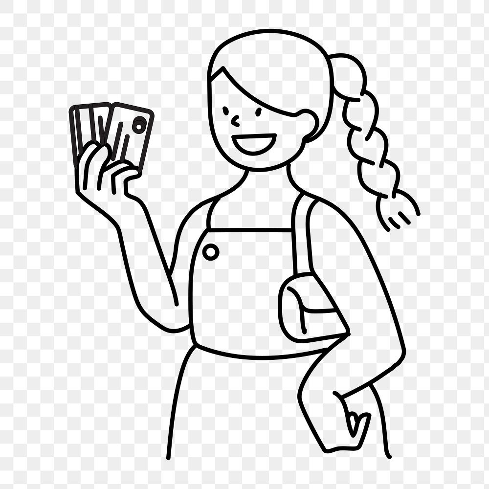 Png woman holding credit cards doodle, transparent background