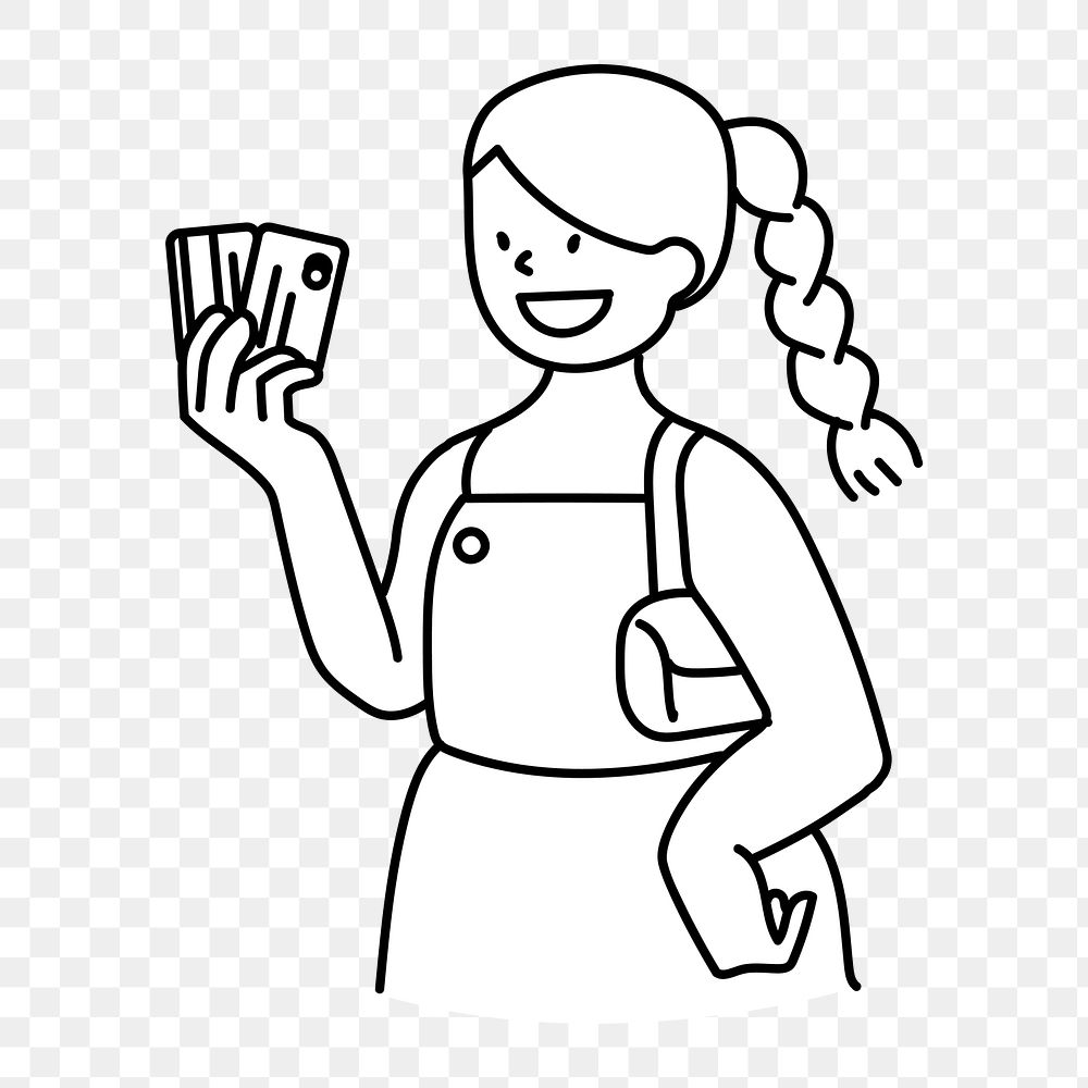 Png woman holding credit cards doodle, transparent background
