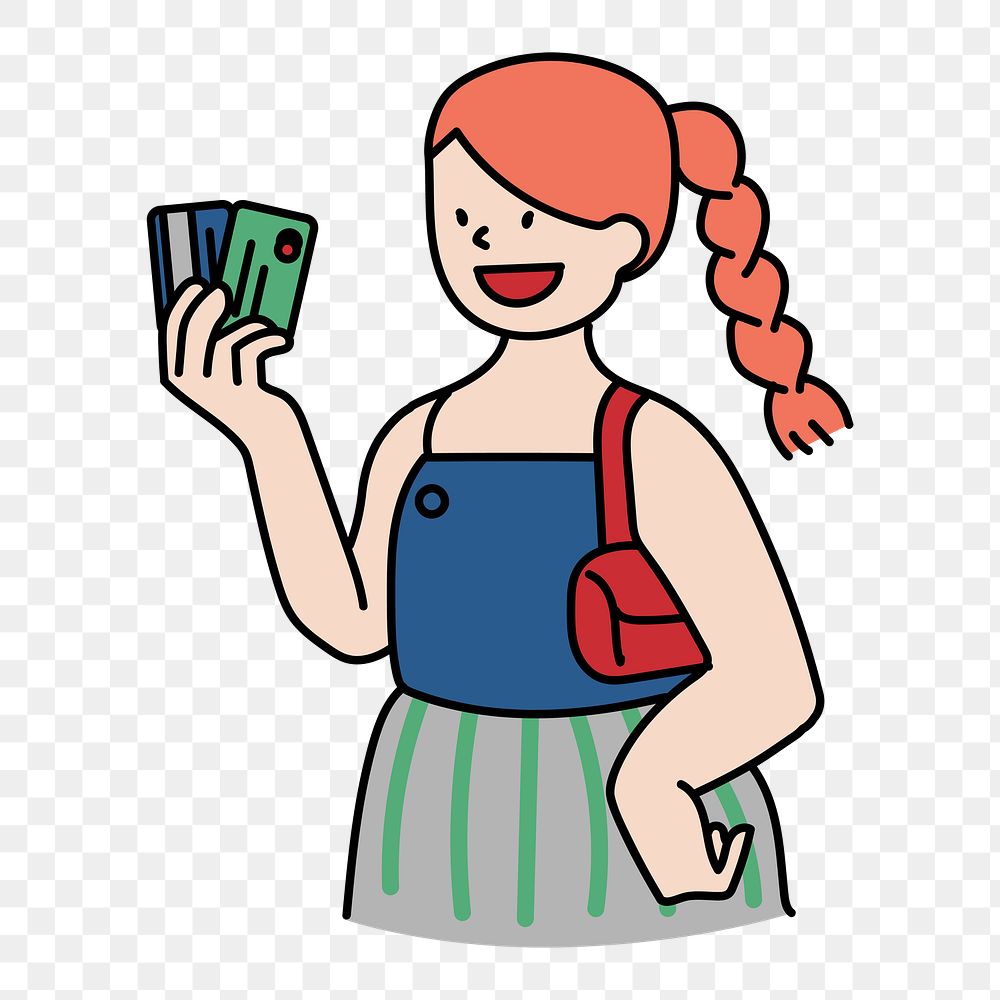Png woman holding credit cards doodle, transparent background