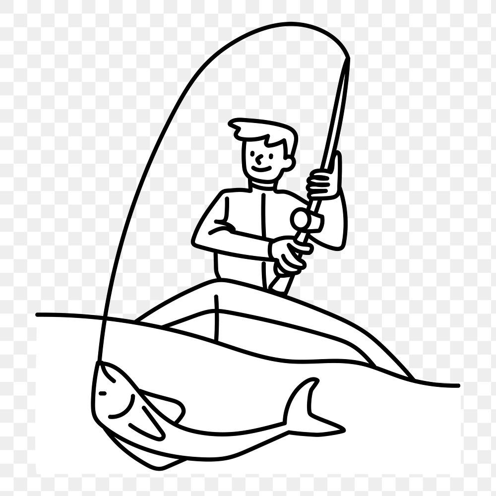 Png man fishing on boat doodle, transparent background
