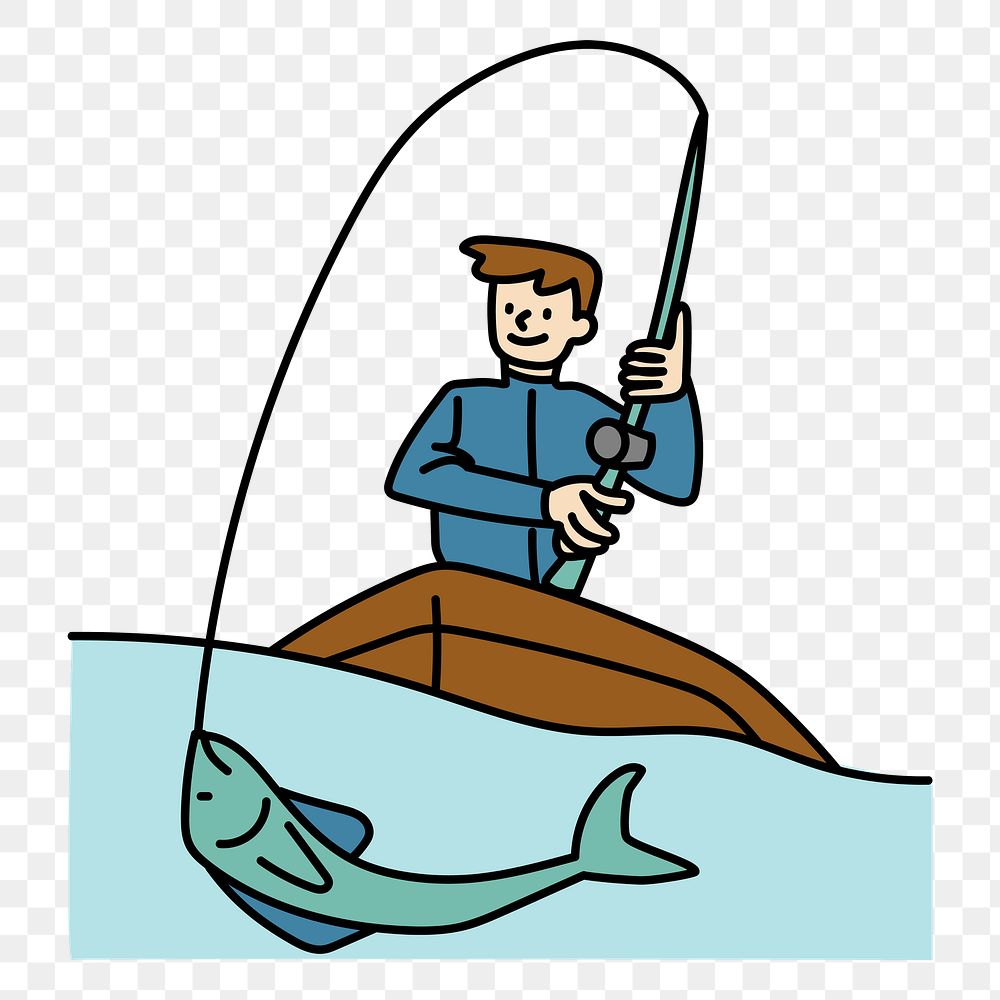 Png man fishing on boat doodle, transparent background
