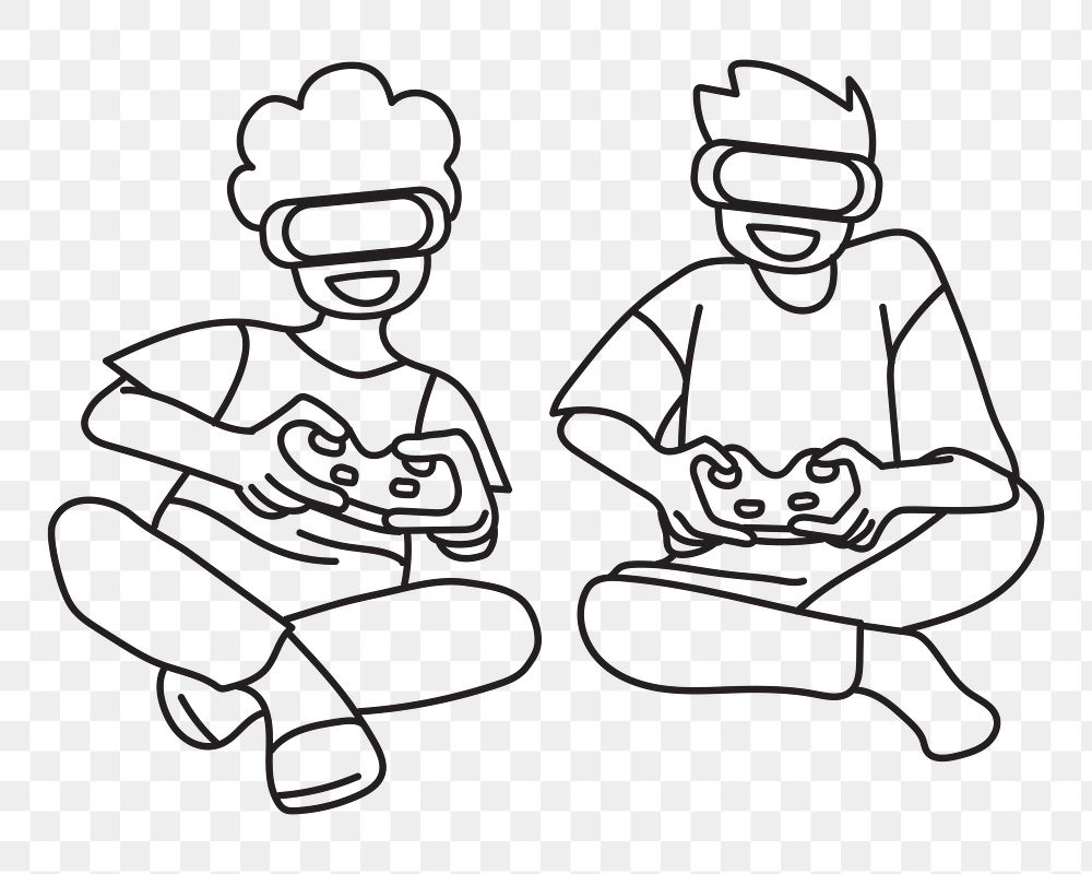 Png boys playing VR games doodle, transparent background