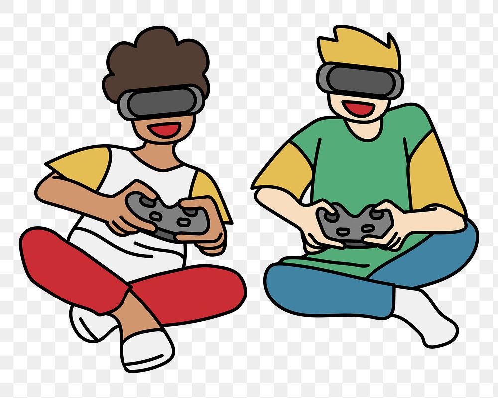 Png boys playing VR games doodle, transparent background
