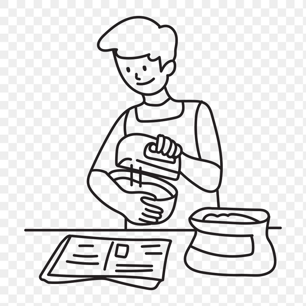 Png man baking with recipe doodle, transparent background