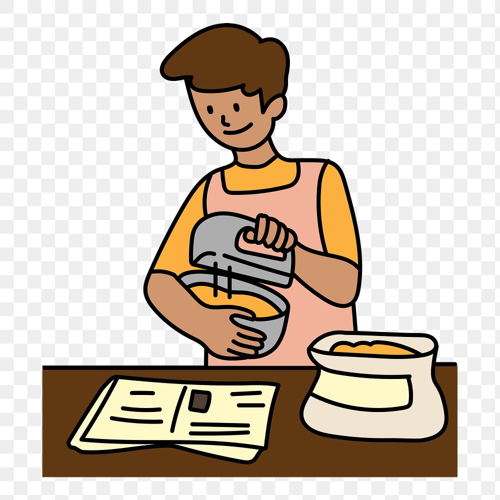 Png man baking with recipe doodle, transparent background