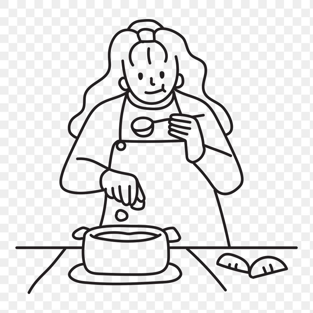 Png woman cooking and tasting doodle, transparent background