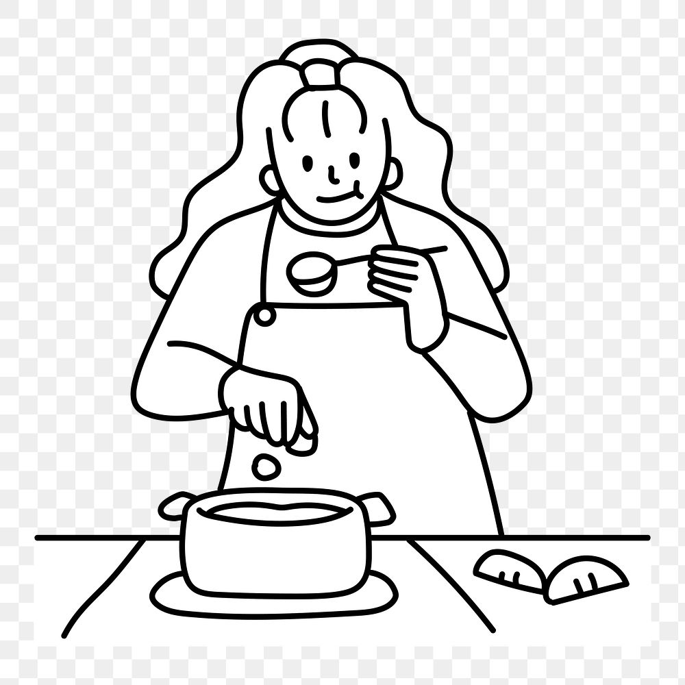 Png woman cooking and tasting doodle, transparent background