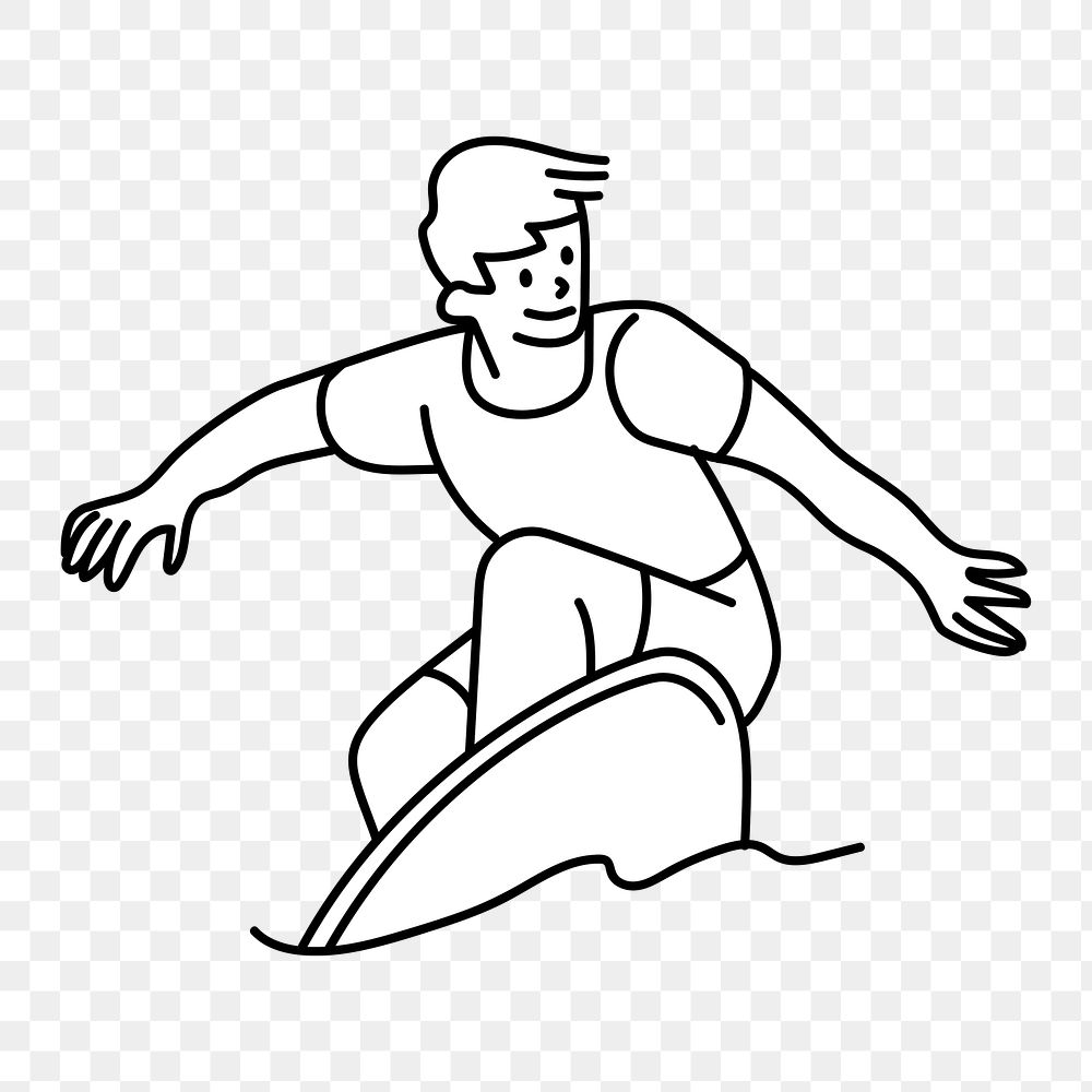 Png man surfing doodle, transparent background