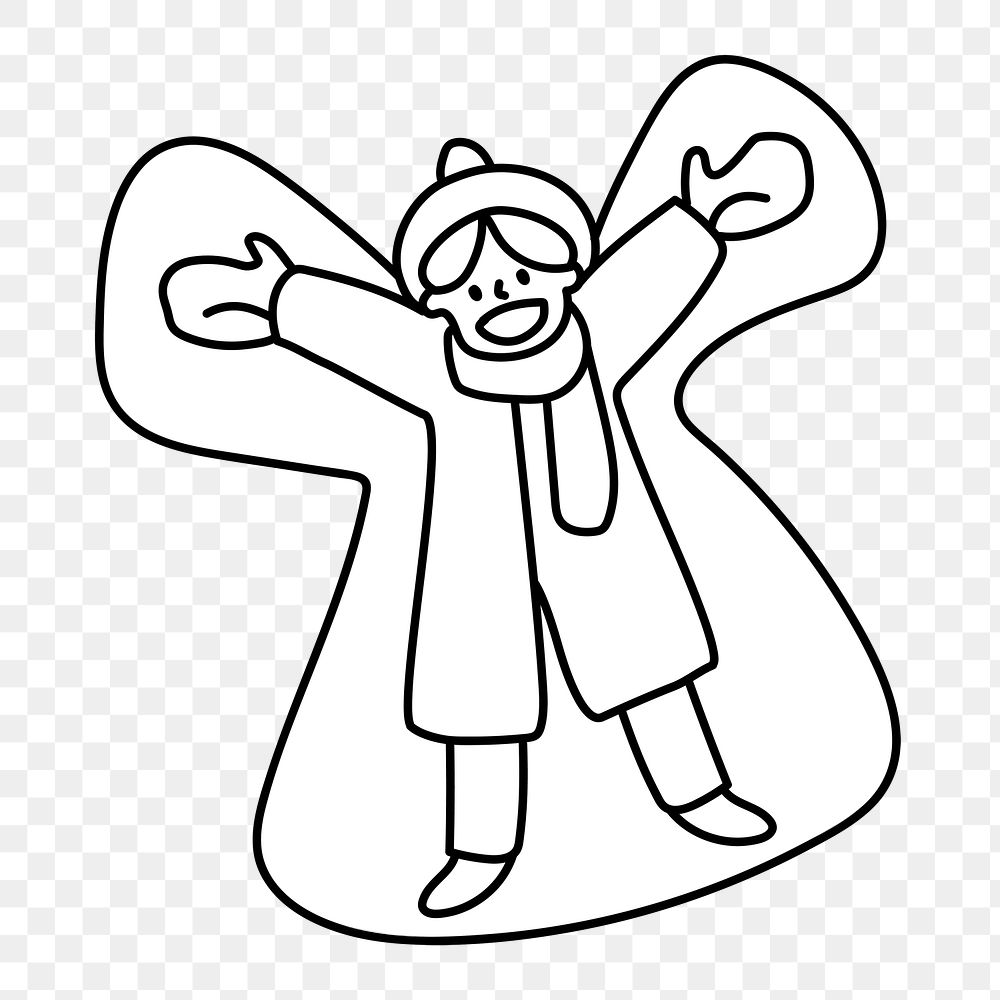 Png child making snow angel doodle, transparent background