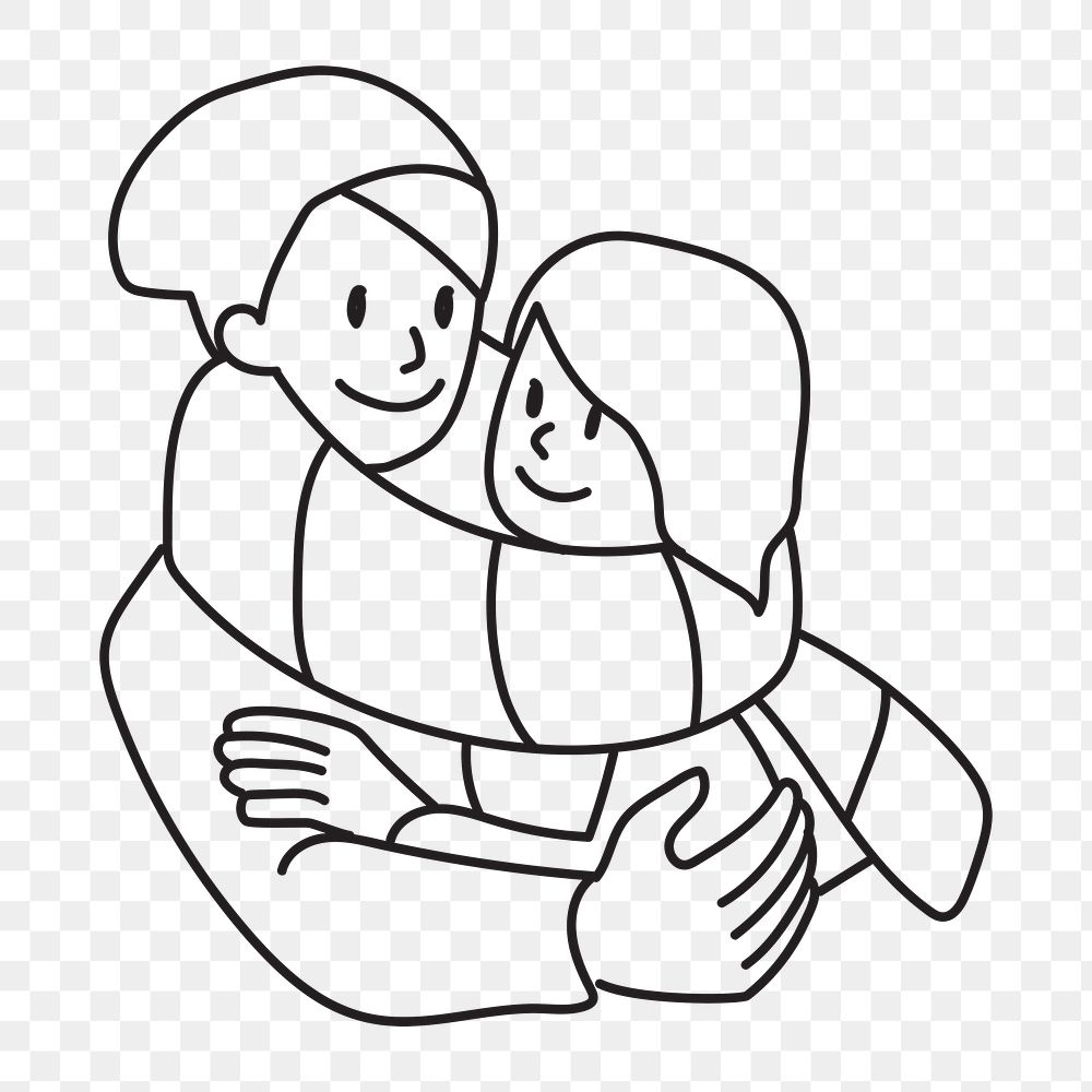 Png couple hugging during winter doodle, transparent background