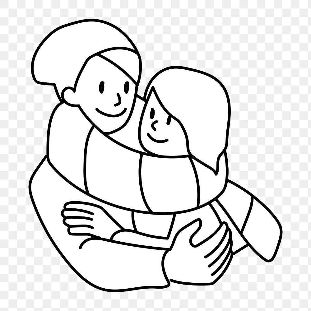 Png couple hugging during winter doodle, transparent background 
