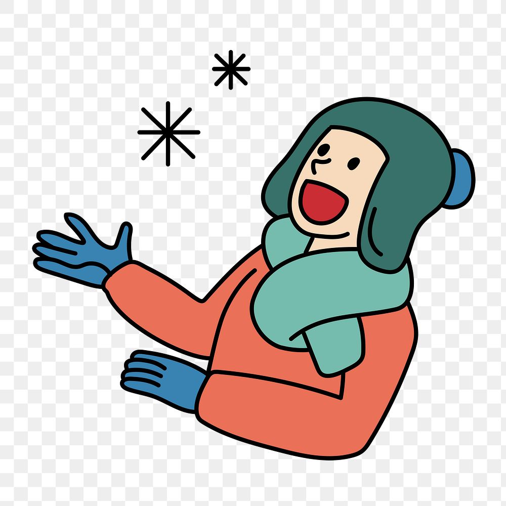 Png happy man with snowflakes doodle, transparent background