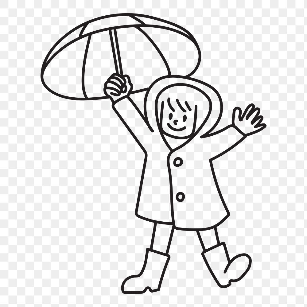 Png raincoat girl with umbrella doodle, transparent background