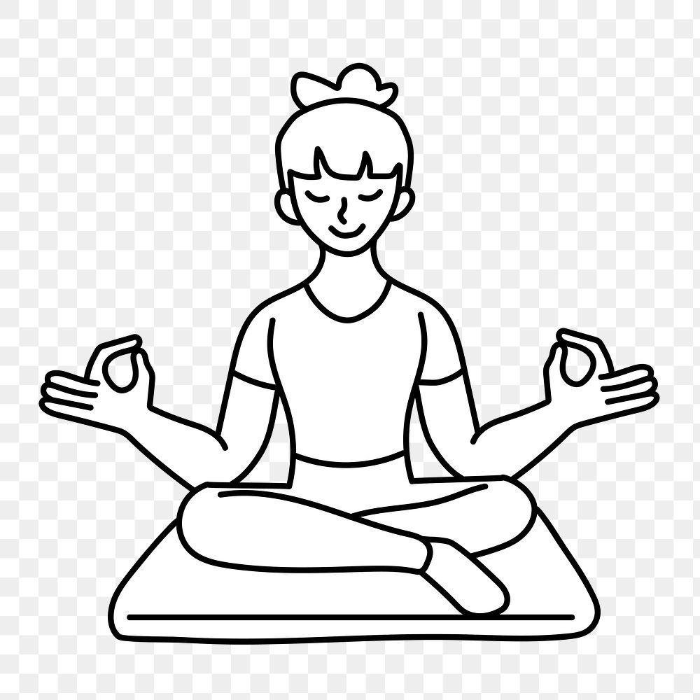 Png woman meditating seated doodle, transparent background