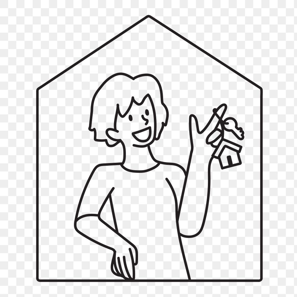 Png woman with new house key doodle, transparent background