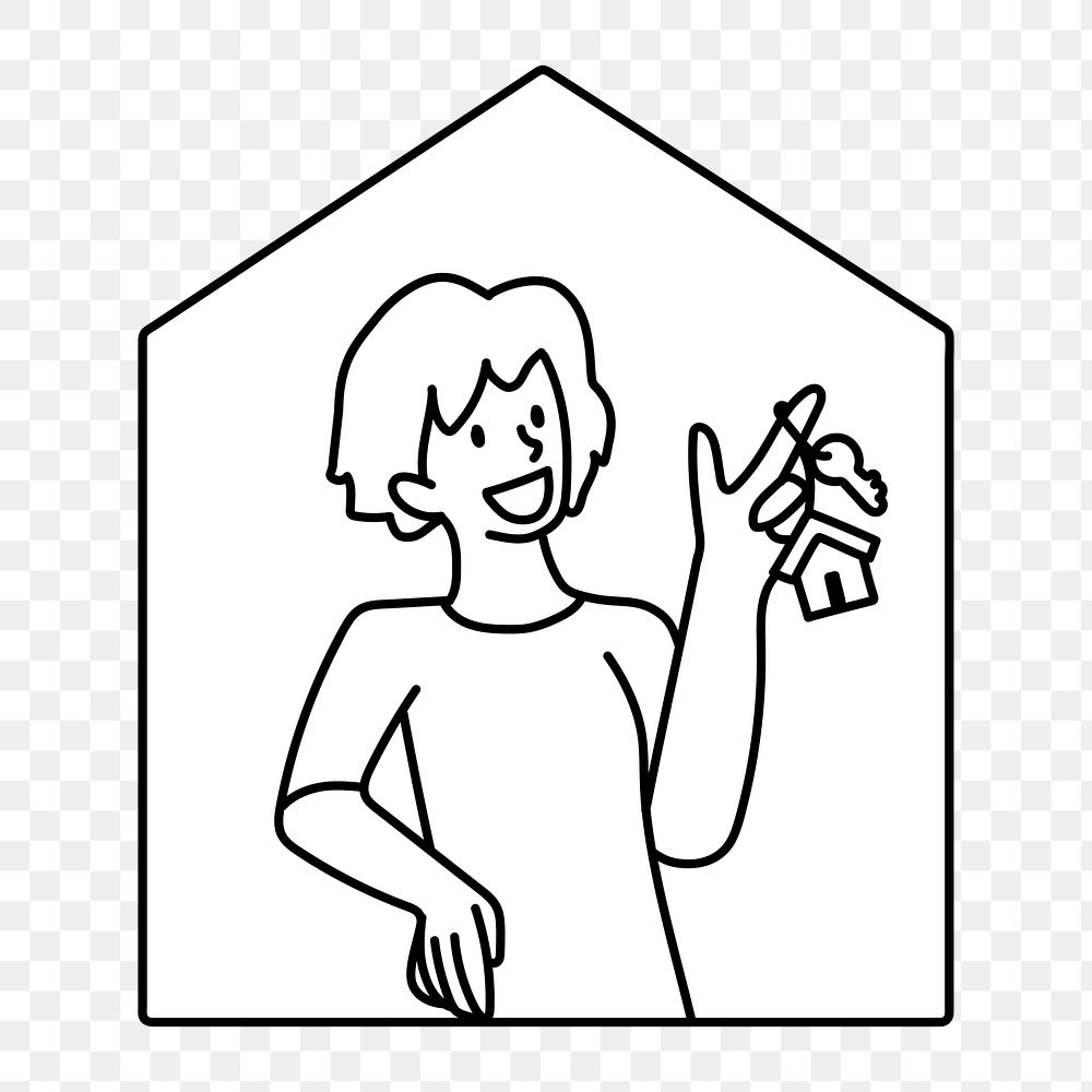 Png woman with new house key doodle, transparent background