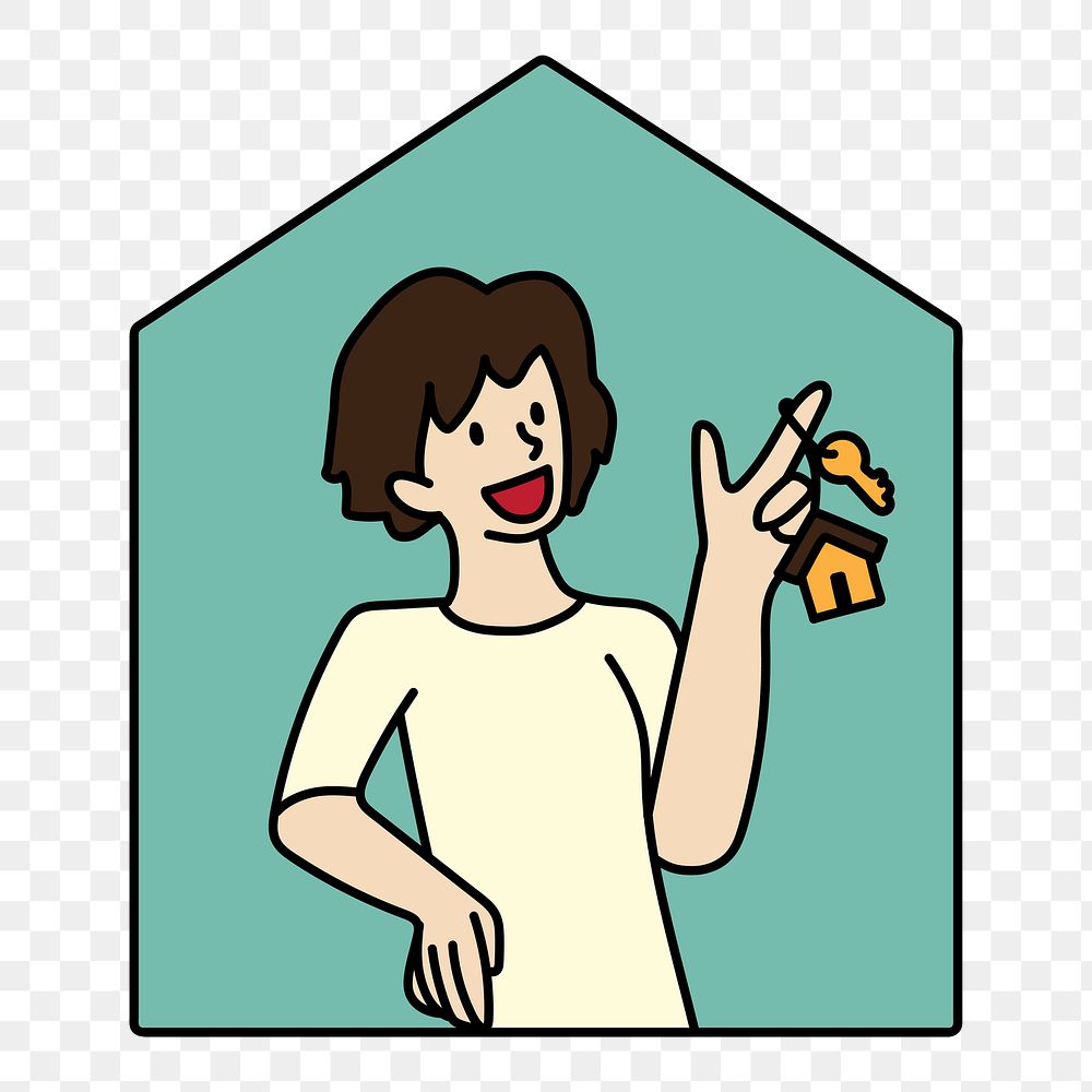 Png woman with new house key doodle, transparent background