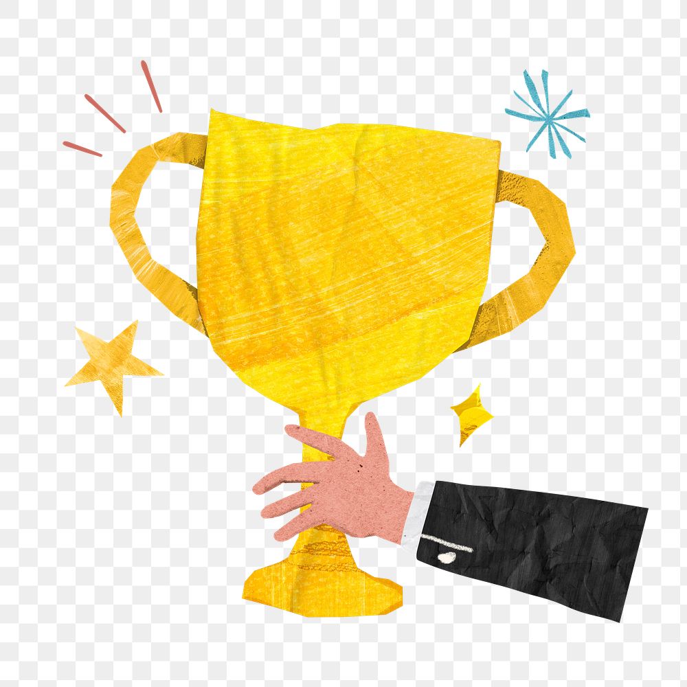 PNG Golden trophy, business success paper craft collage