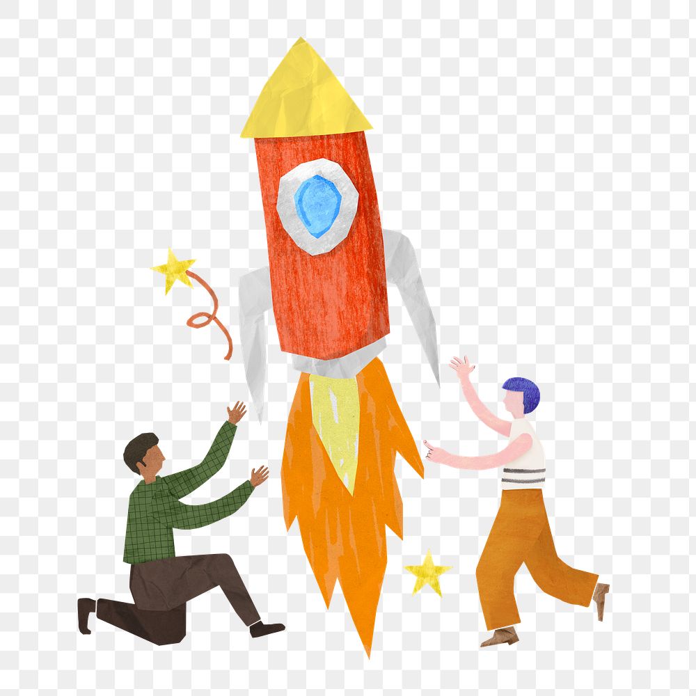 PNG Launching rocket, startup business paper collage art, transparent background