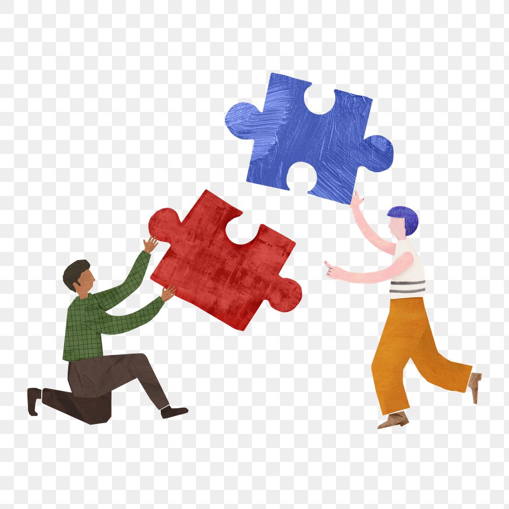 PNG People holding puzzle, teamwork paper craft collage, transparent background