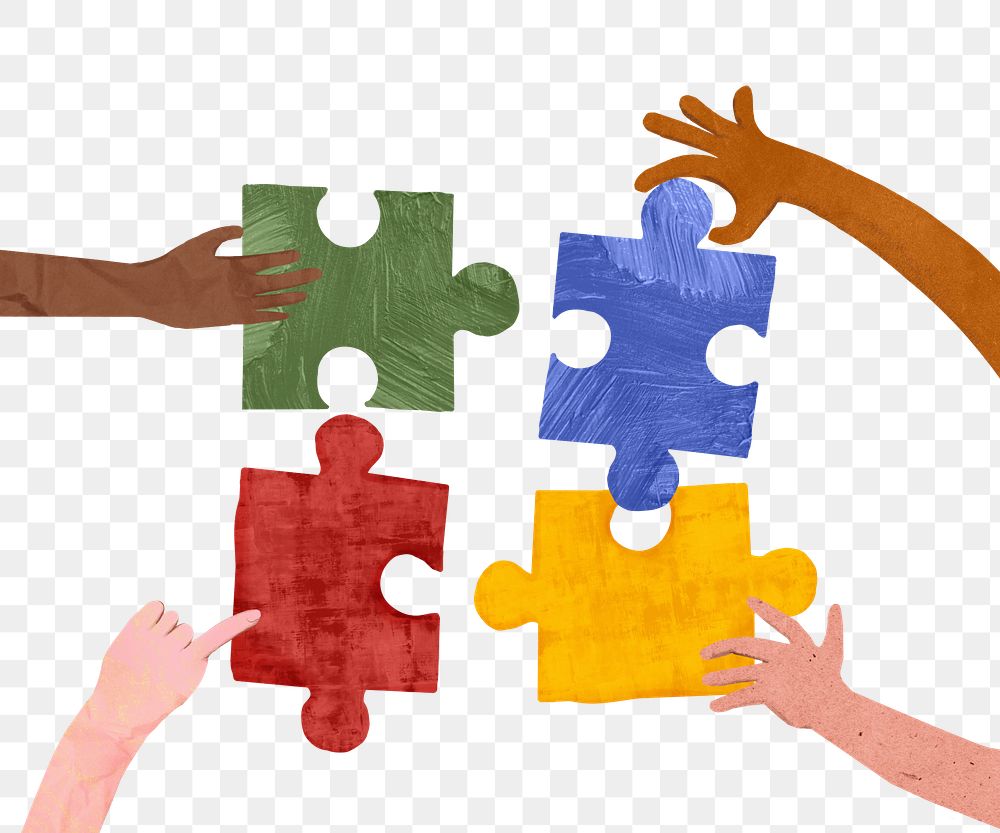 PNG People holding puzzle, teamwork paper craft collage, transparent background