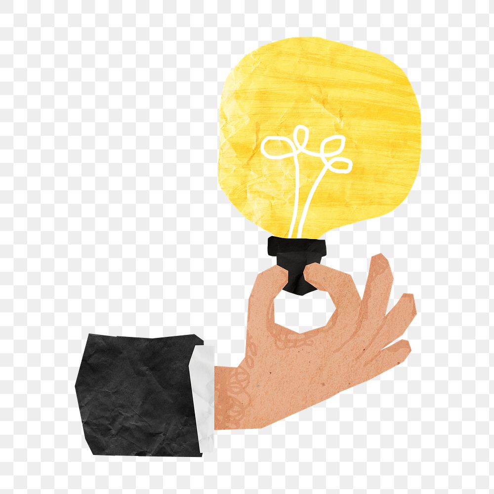 PNG Hand holding bulb, creative business idea paper craft collage, transparent background