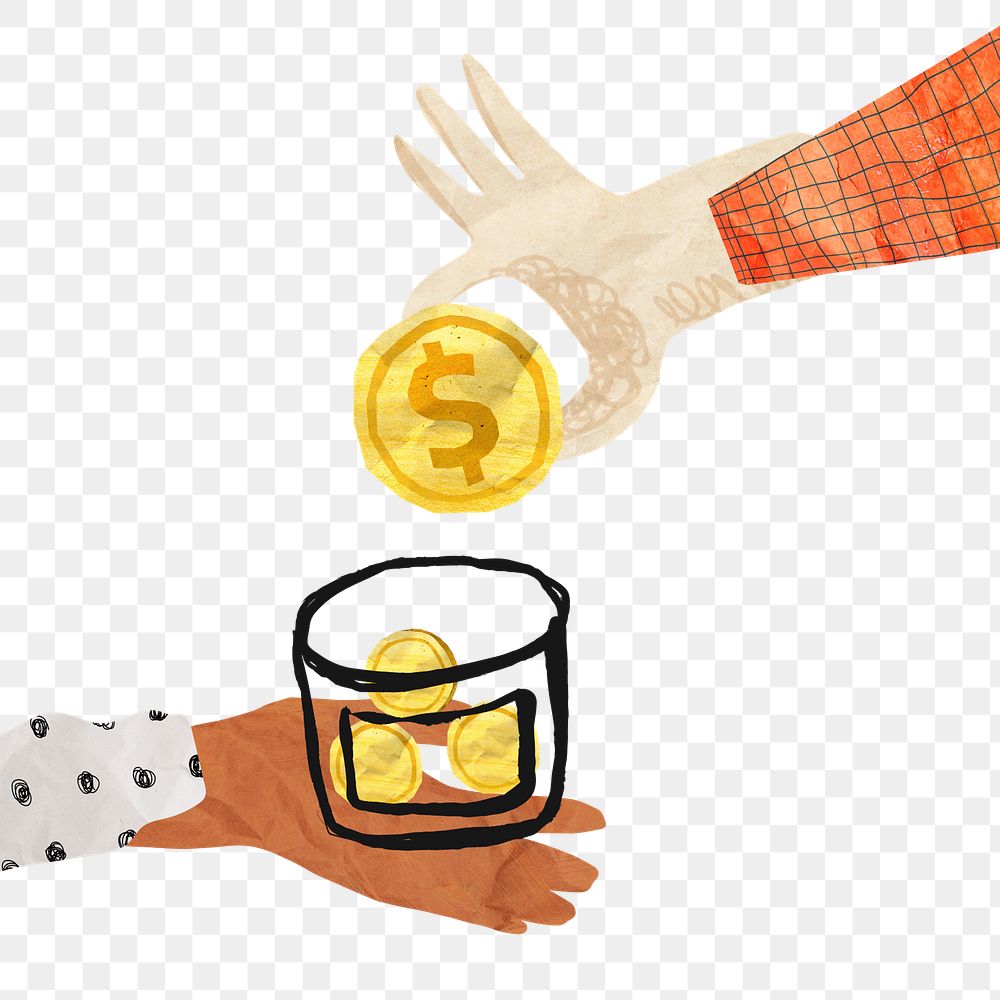 Hand donating money png, charity paper craft collage, transparent background