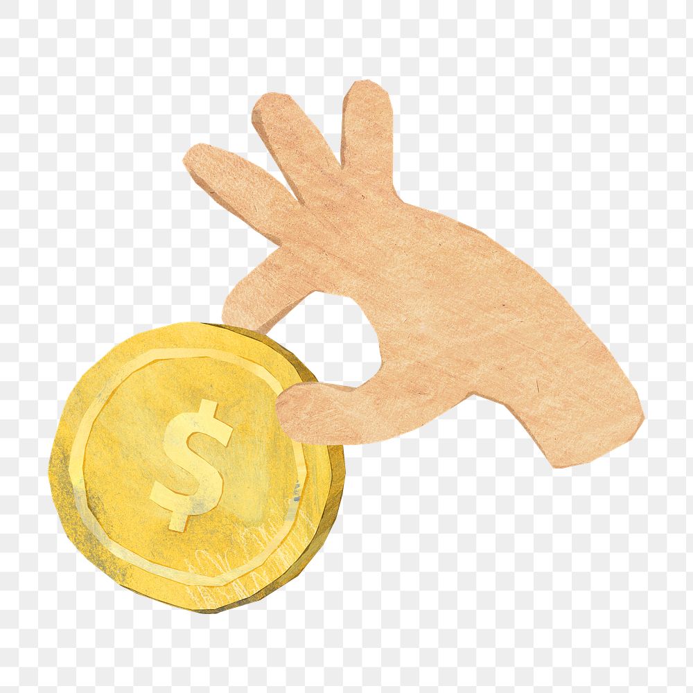PNG Hand holding coin, finance paper collage element, transparent background