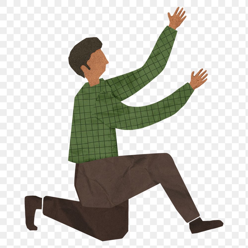 PNG Kneeling man, paper craft element, transparent background