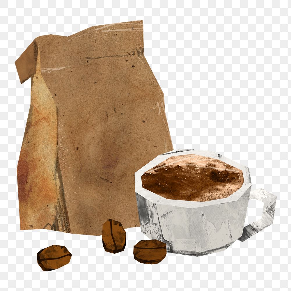 Hot coffee beans png, paper craft collage, transparent background