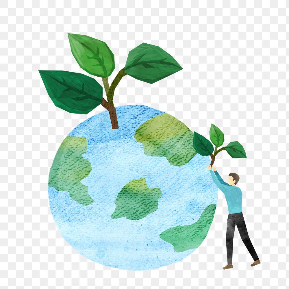 PNG Plant growing on globe paper craft, transparent background