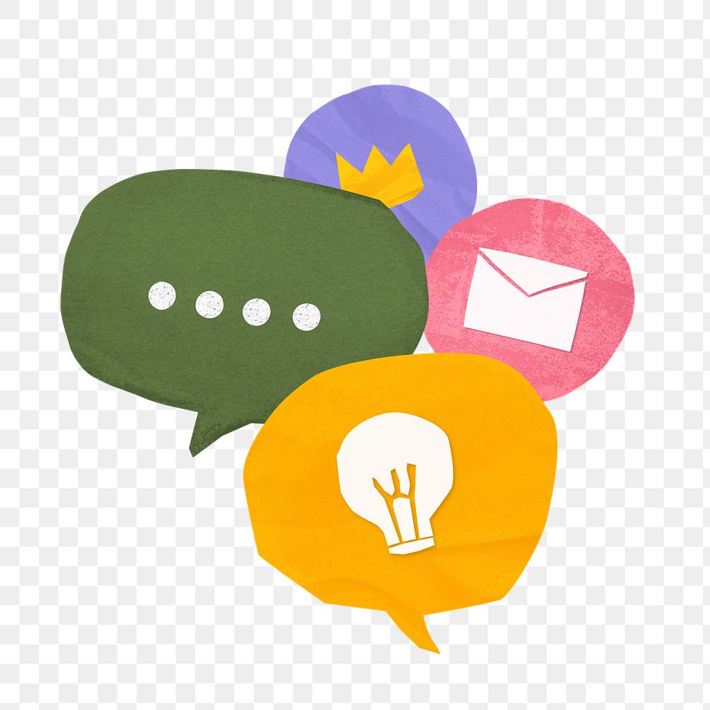 PNG Online communication icons, paper speech bubble collage, transparent background