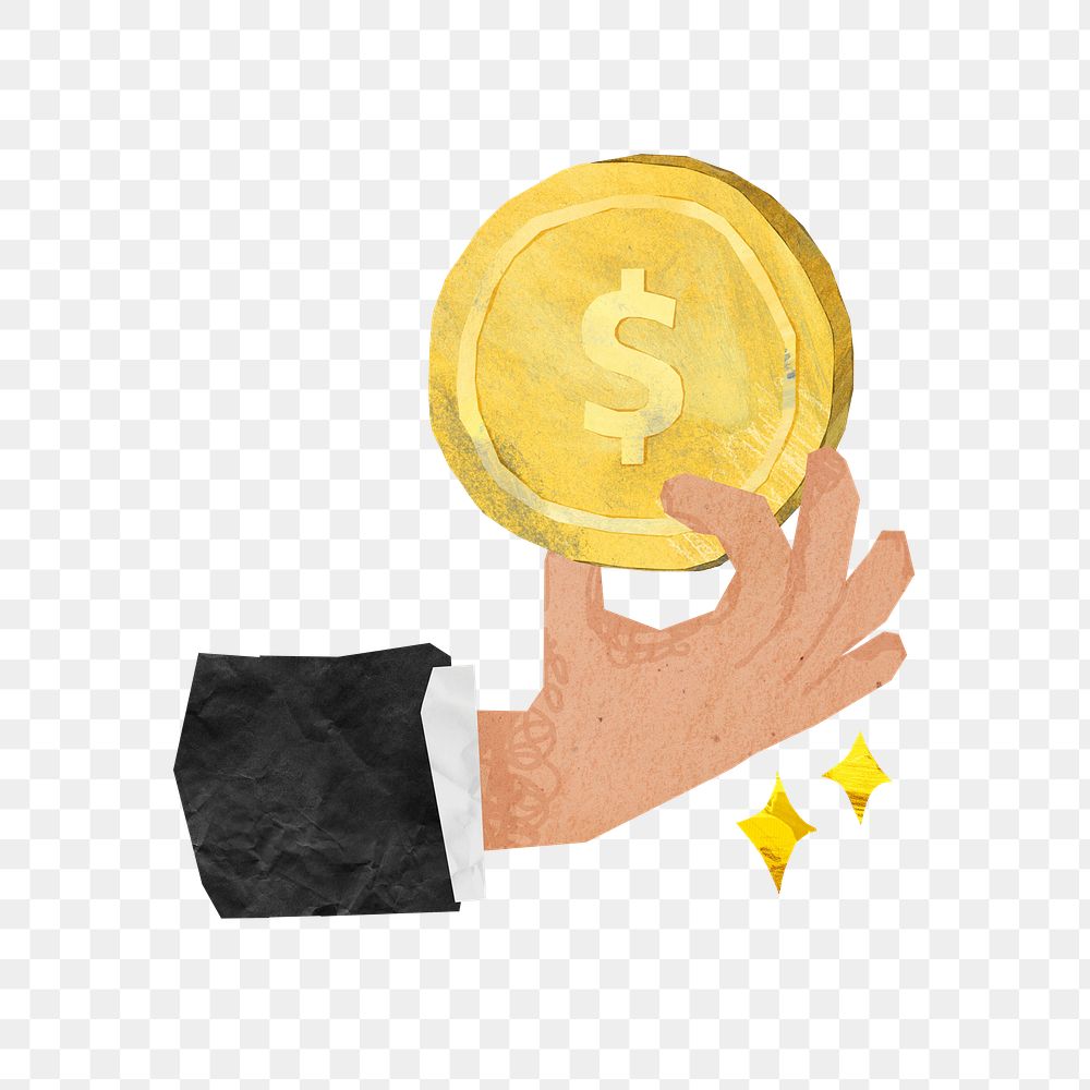 PNG Businessman holding coin, finance paper craft collage, transparent background