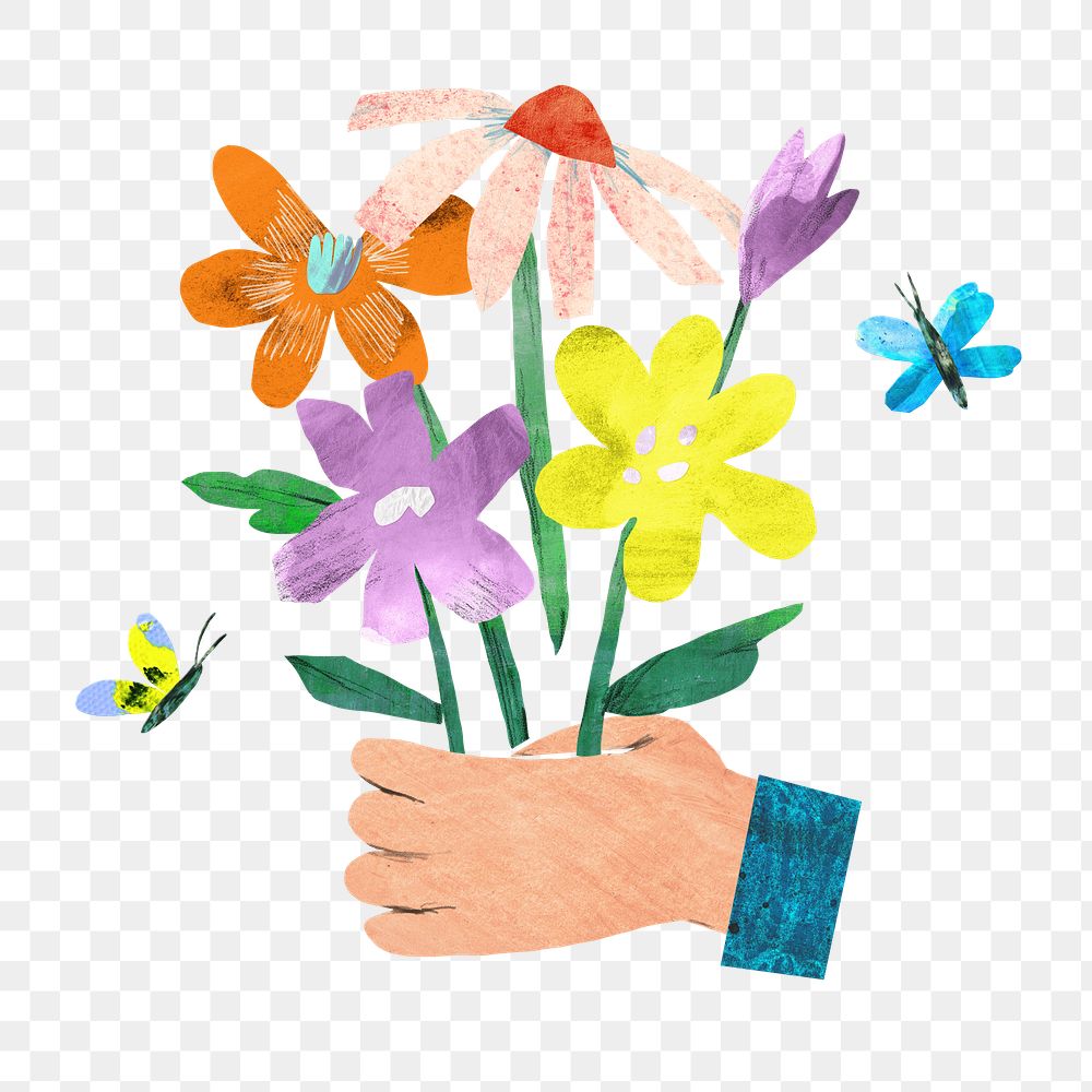 Hand holding flowers png, paper craft element, transparent background