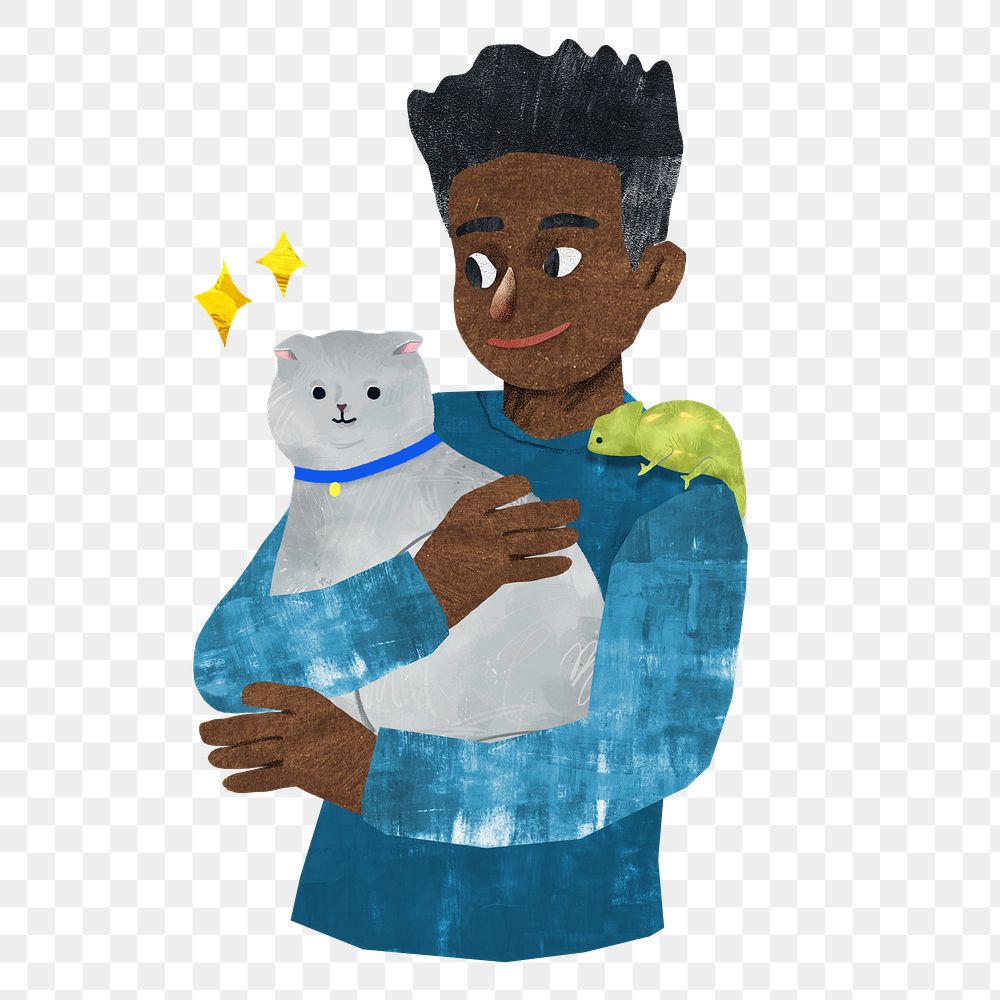 PNG Man holding pet cat, paper craft element, transparent background