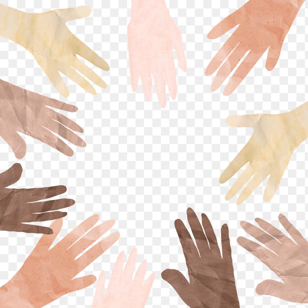 PNG Diverse hands frame, paper craft collage art, transparent background