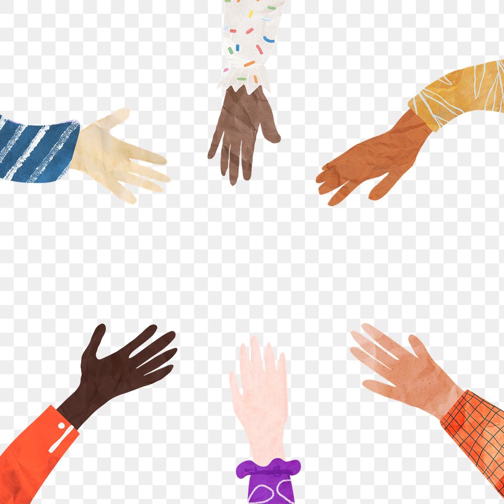 PNG Abstract diverse hands frame, united, paper craft collage, transparent background