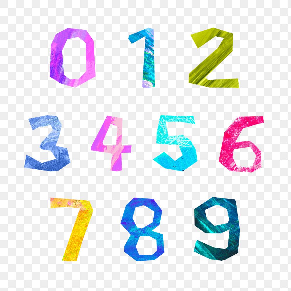 0 to 9 png, colorful number paper craft element set, transparent background